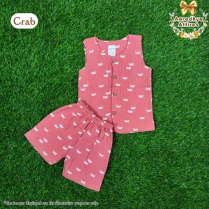 Co-Ord Set Sleeveless & Short - Thick Crinkled Muslin - Crab. (6 - 9 Months)