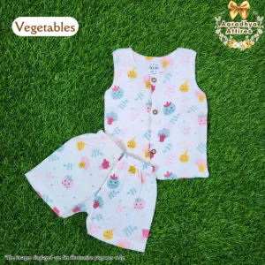Co-Ord Set Sleeveless & Short - Thick Crinkled Muslin - Vegetables. (3 - 6 Months)