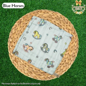 Imported Wipes - Blue Horses - 24cm X 24cm (Multi-Layered Organic Crinkled Muslin Cotton)