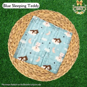 Imported Wipes - Blue Sleeping Teddy - 24cm X 24cm (Multi-Layered Organic Crinkled Muslin Cotton)