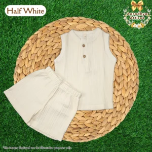 Co-Ord Set Sleeveless & Short - Half White (Thick Crinkled Muslin Cotton) (Size: 2 year)