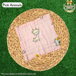Imported Wipes - Pink Animals - 24cm X 24cm (Multi-Layered Organic Crinkled Muslin Cotton)