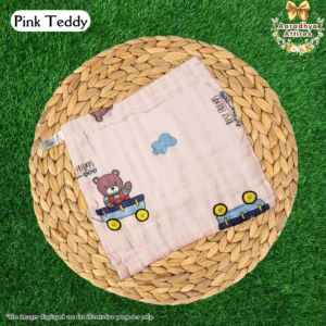Imported Wipes - Pink Teddy - 24cm X 24cm (Multi-Layered Organic Crinkled Muslin Cotton)