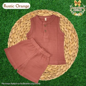 Co-Ord Set Sleeveless & Short - Rustic Orange (Thick Crinkled Muslin Cotton) (Size: 2 year)