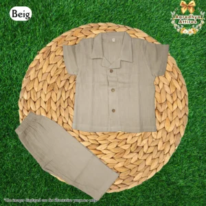 Co-Ord Set Half Sleeve & Pant - Beig. (Size: 3 Year) (Crinkled Muslin Cotton)