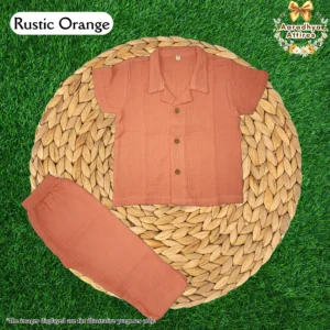Co-Ord Set Half Sleeve & Pant - Rustic Orange. (Size: 3 Year) (Crinkled Muslin Cotton)